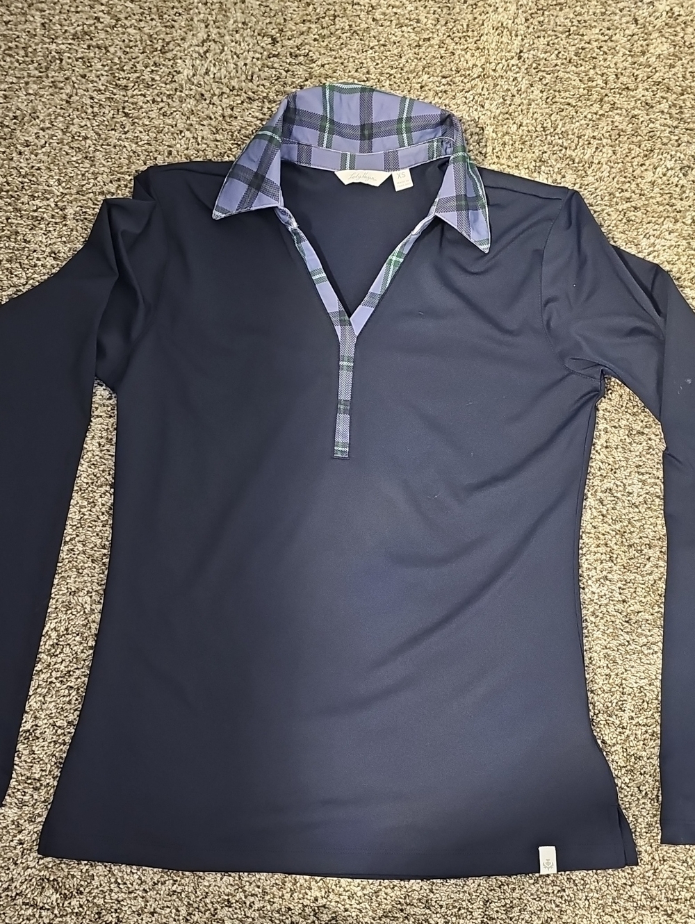 Lady Hagen Navy Long-Sleeve Polo Top with Plaid Trim